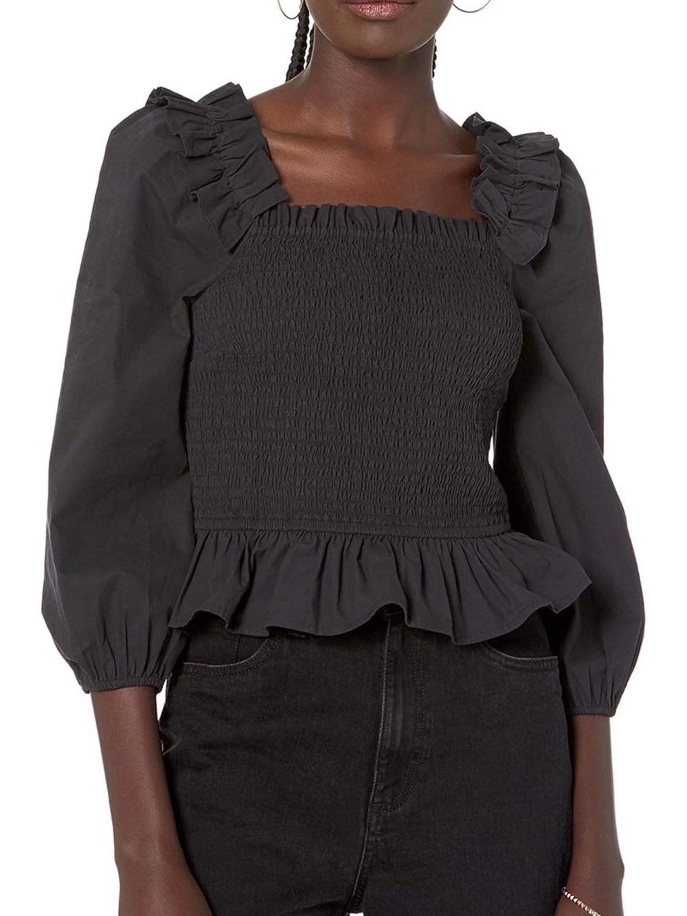 Smocked Square-Neck Peplum Blouse - Black